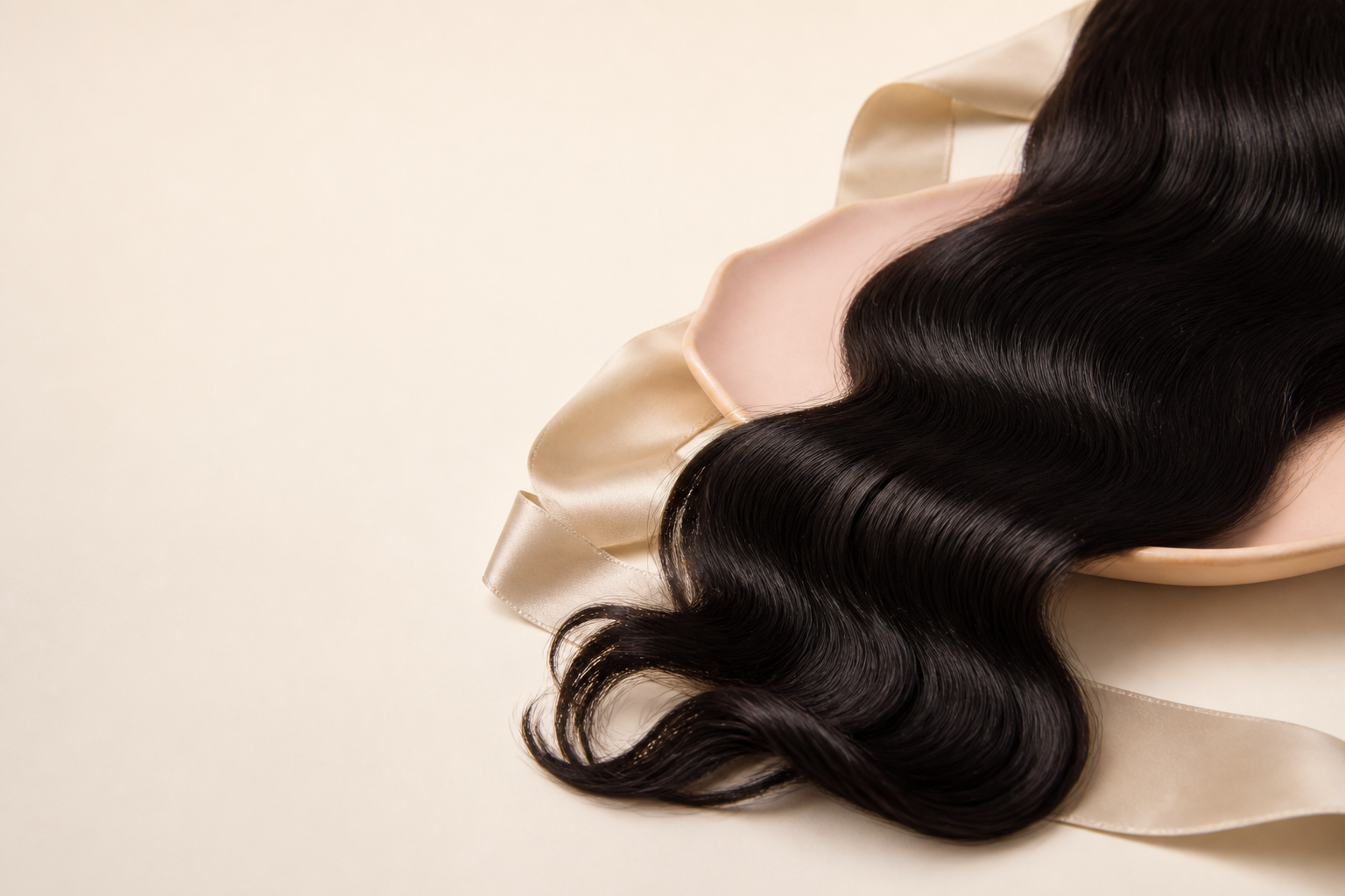 Glossy human-hair waves arranged with elegant hair-care accessories